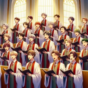 アニメの教会で歌う 男性合唱団