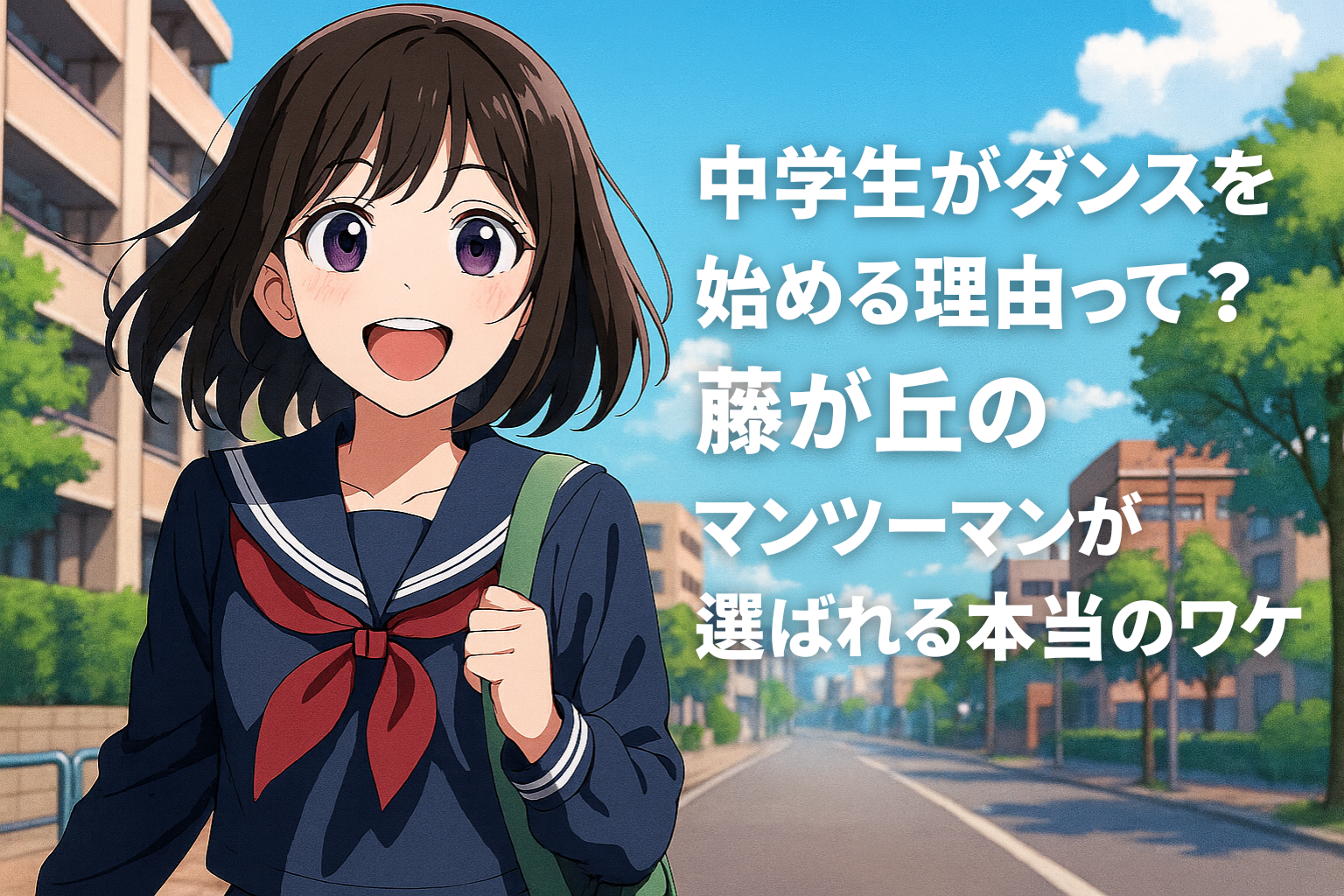 中学生の女の子が制服姿で明るく歩く様子を描いたイラスト。背景には穏やかな住宅街が広がり、右側にタイトル文字が配置されている。