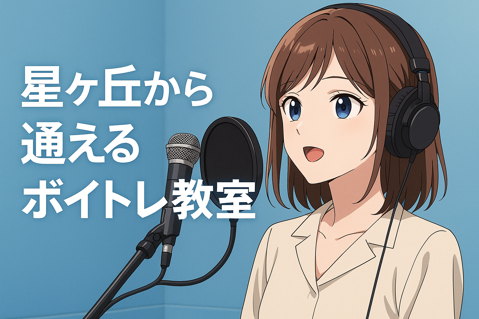 星ヶ丘から通えるボイトレ教室の記事用のアイキャッチ画像。女性が水色の壁の前でSHURE SM58を使って歌っており、左側に「星ヶ丘から通えるボイトレ教室」と表示されている。