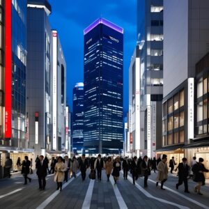 夜の丸の内の交差点、行きかう人々