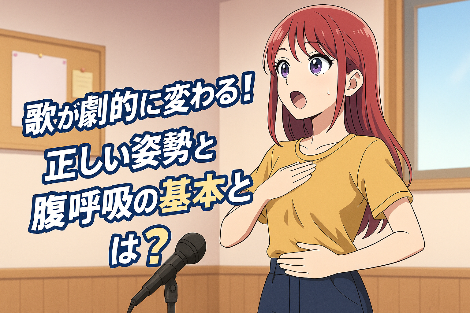 ボイトレ初心者が正しい姿勢と腹式呼吸を学ぶ様子のアニメ風イラスト