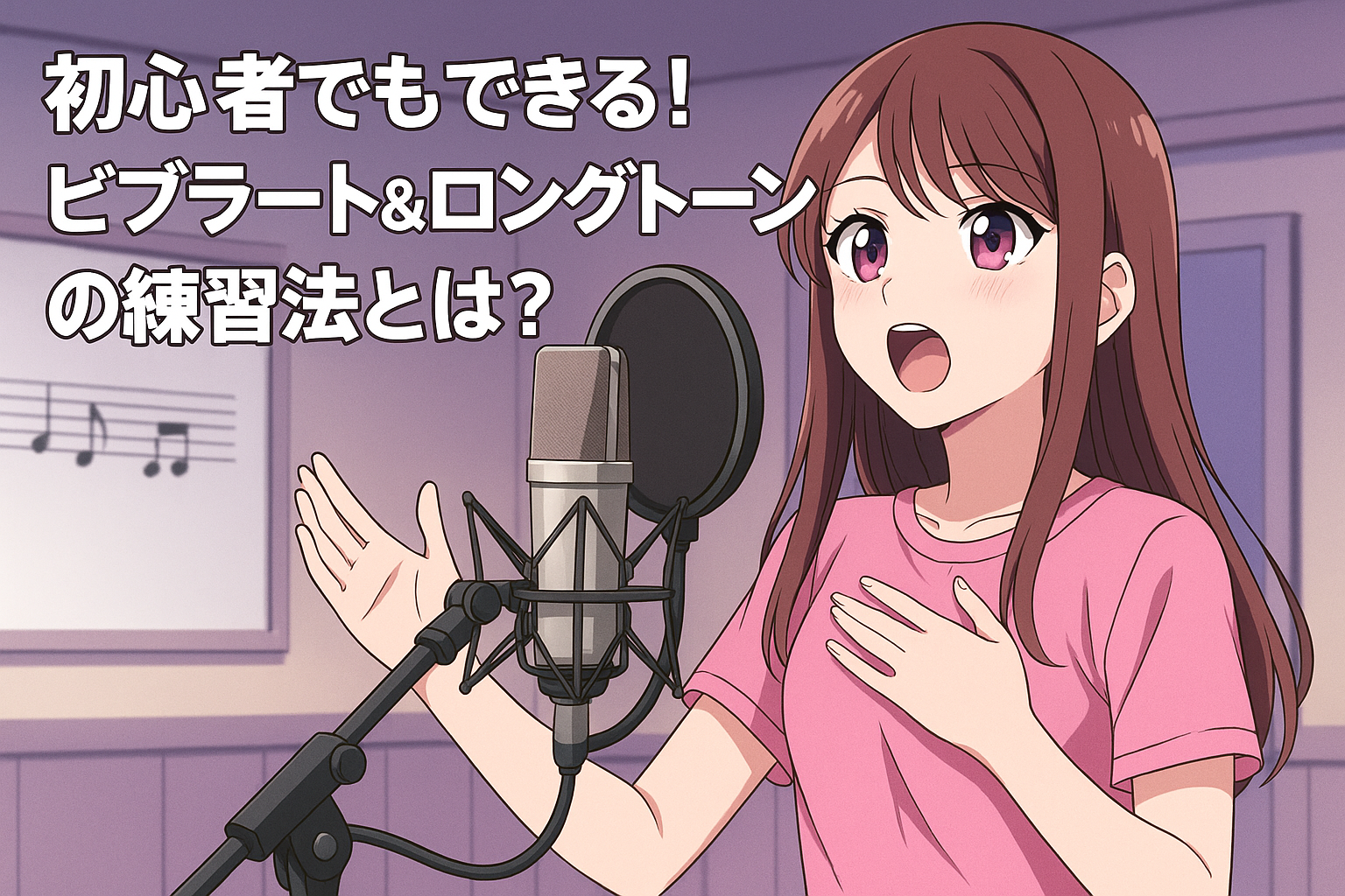 千種区のボイトレスクールでビブラートとロングトーンを学ぶ女性のアニメ風イラスト