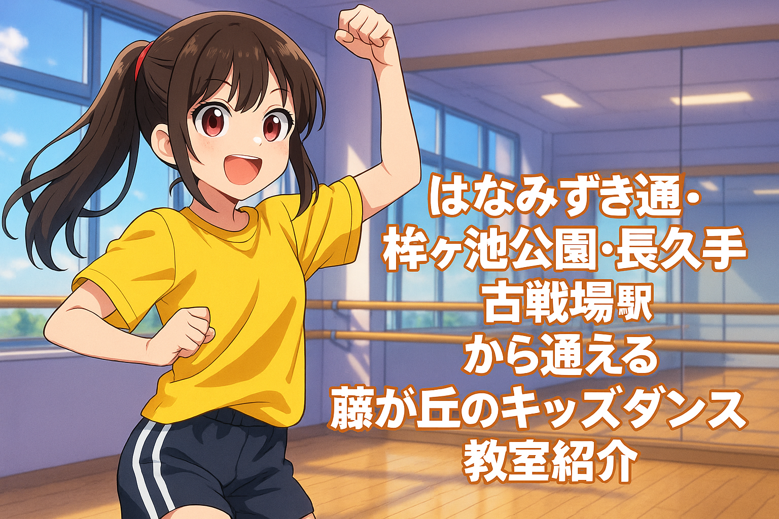 アニメ風の女の子がダンススタジオで元気に踊る姿｜「はなみずき通・杁ヶ池公園・長久手古戦場」駅から通える藤が丘のキッズダンス教室紹介