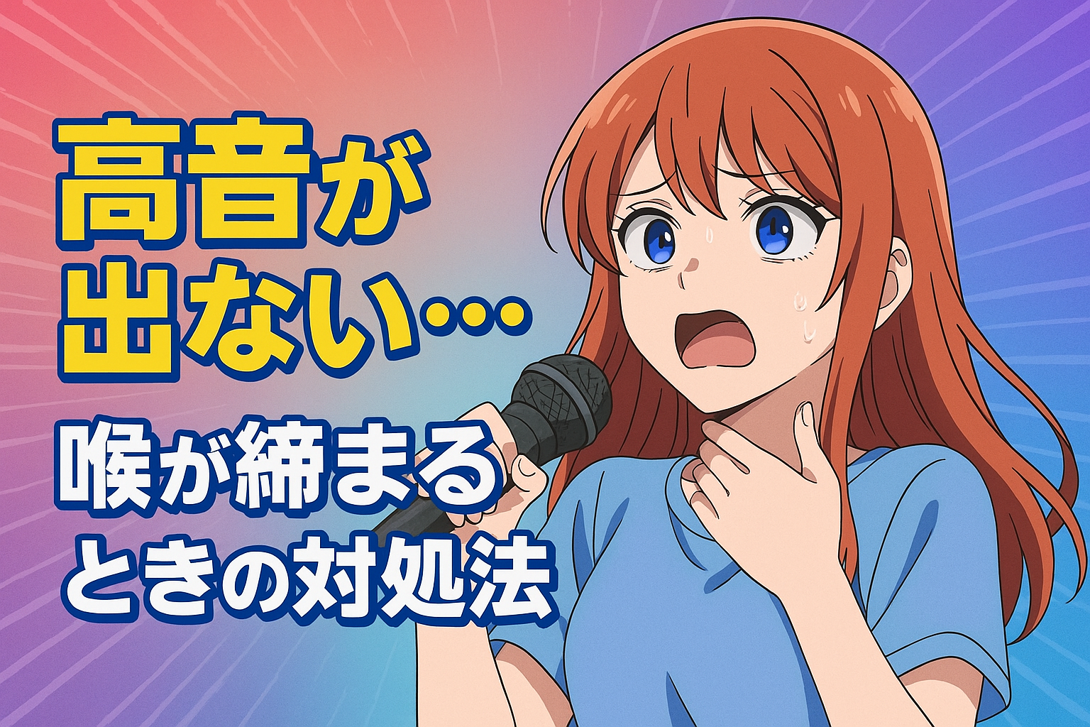 高音発声に悩む女性のアニメ風イラスト