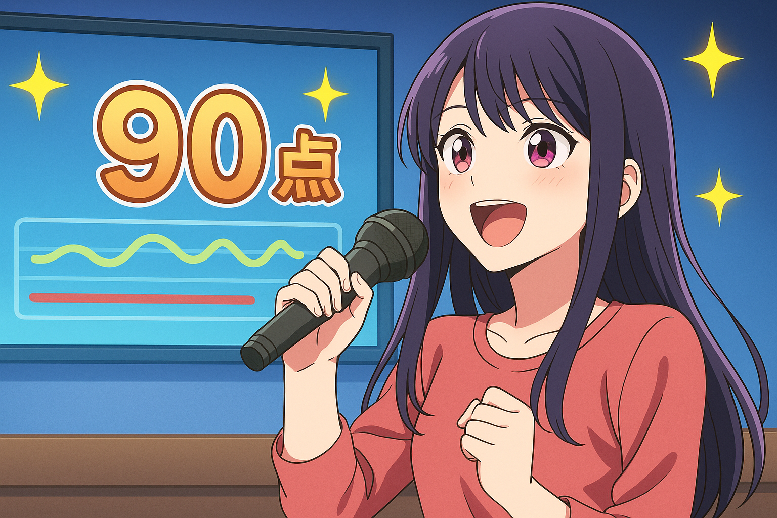 カラオケで高得点を目指す女性のアニメ風イラスト