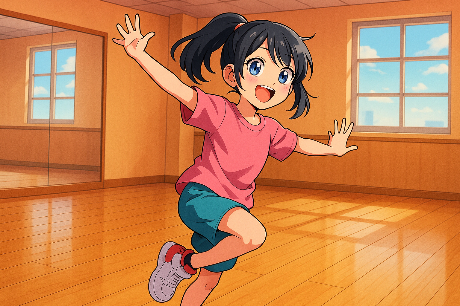 ダンスを楽しむ小学生の女の子（アニメ風イラスト）