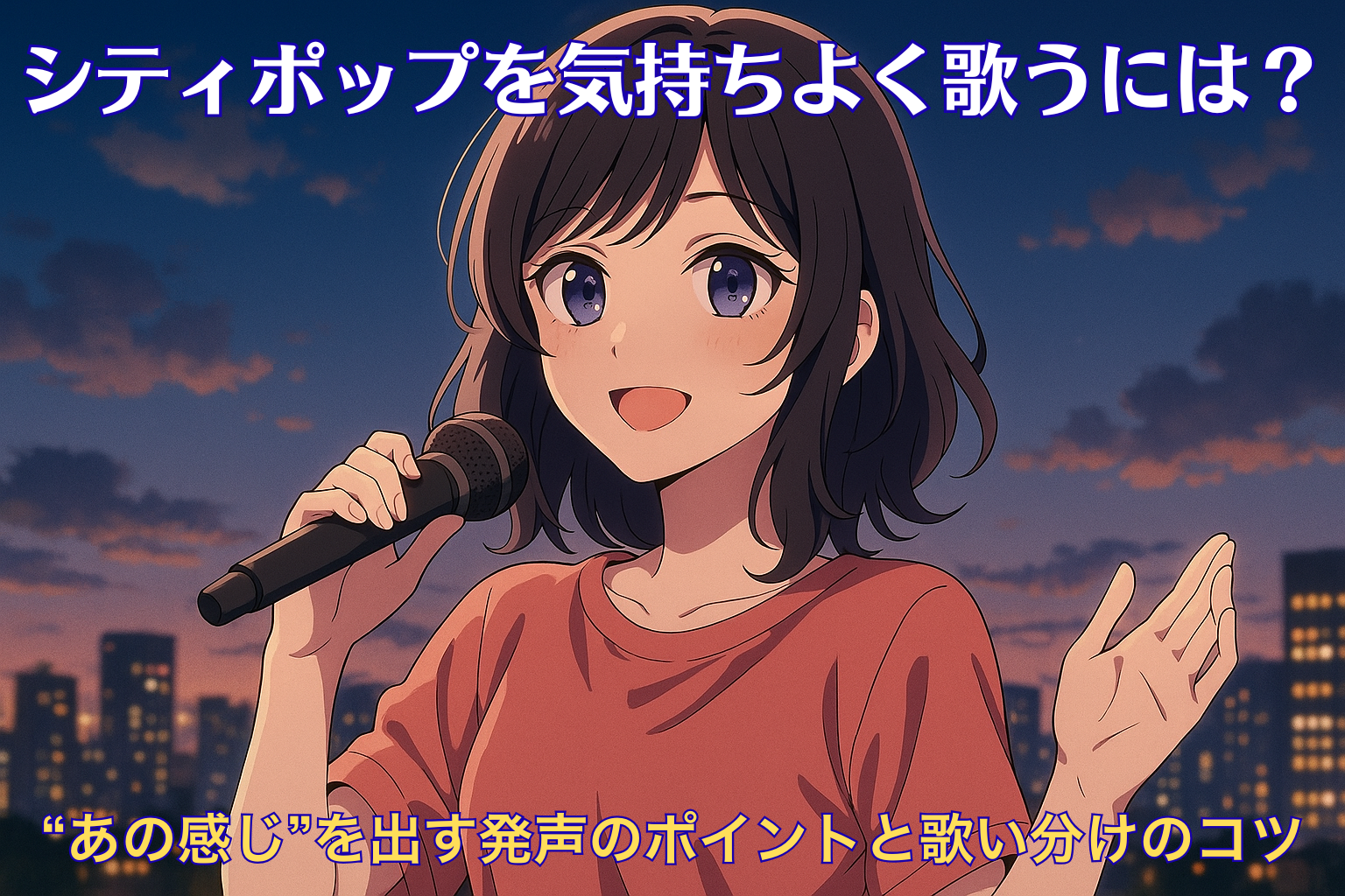 シティポップを歌う女性のアニメ風イラスト