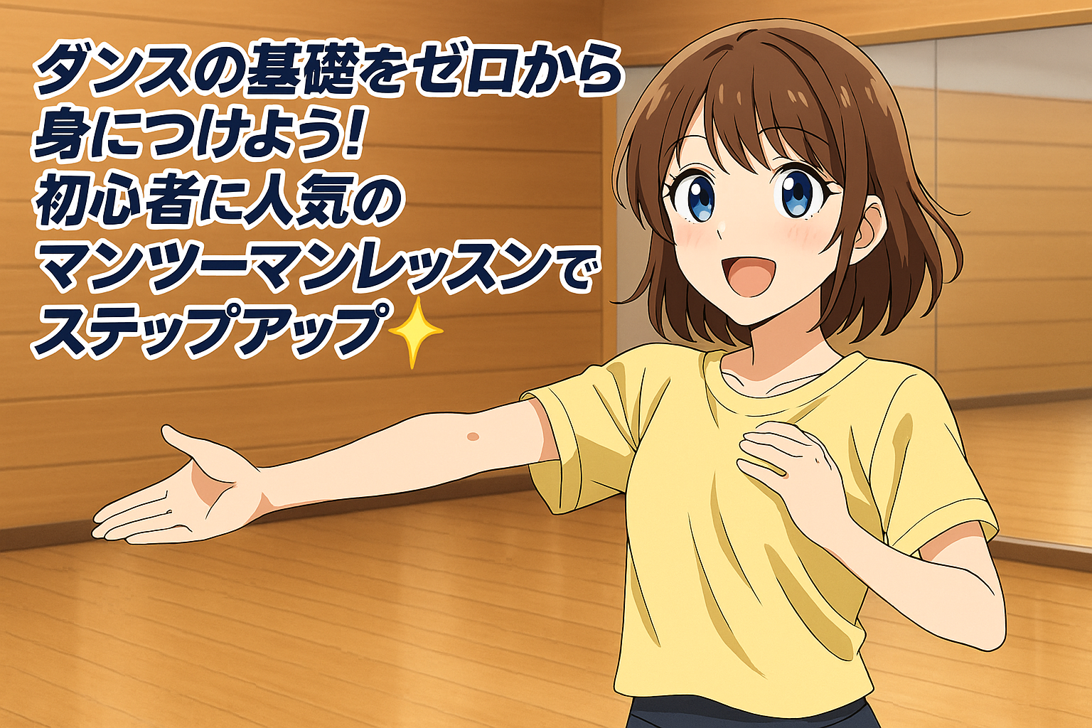 ダンススタジオで笑顔の女性キャラクターが基礎ステップを練習する様子。背景は木目調の床と鏡。上部に「ダンスの基礎をゼロから身につけよう！初心者に人気のマンツーマンレッスンでステップアップ✨」の文字。