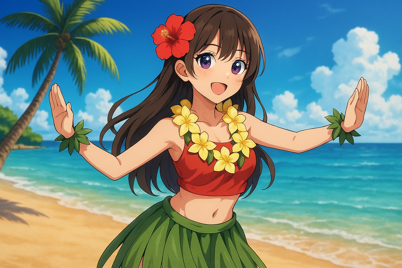 フラダンスを踊るアニメ風キャラクター|南国の海辺で笑顔で手や腰を動かす女性ダンサー