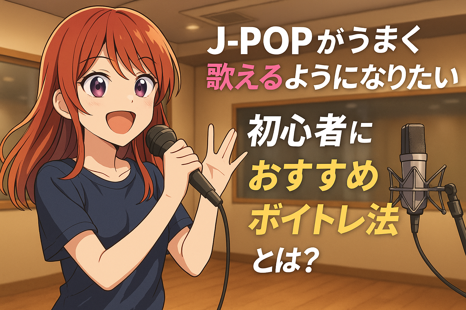 アニメ風の女性キャラクターが明るいスタジオでマイクを持って歌う。上部に「J-POPがうまく歌えるようになりたい!初心者におすすめのボイトレ法とは?」の文字。
