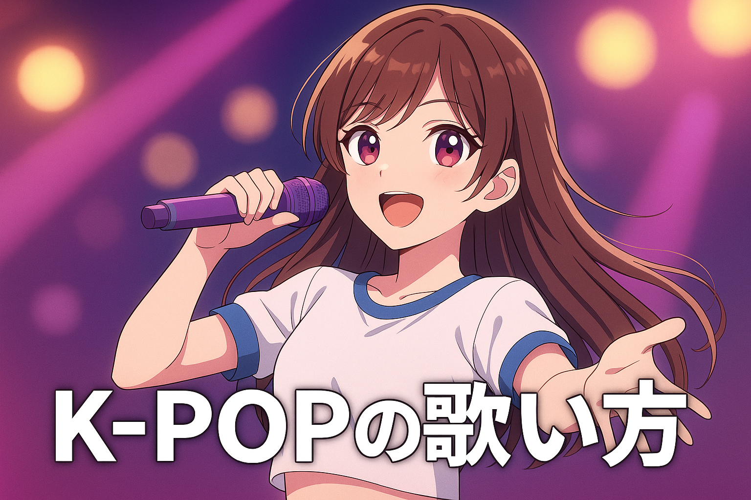 K-POPの歌い方をテーマに、ステージで歌う女子高生を描いたイラスト。マイクを手に笑顔で歌う姿が印象的。