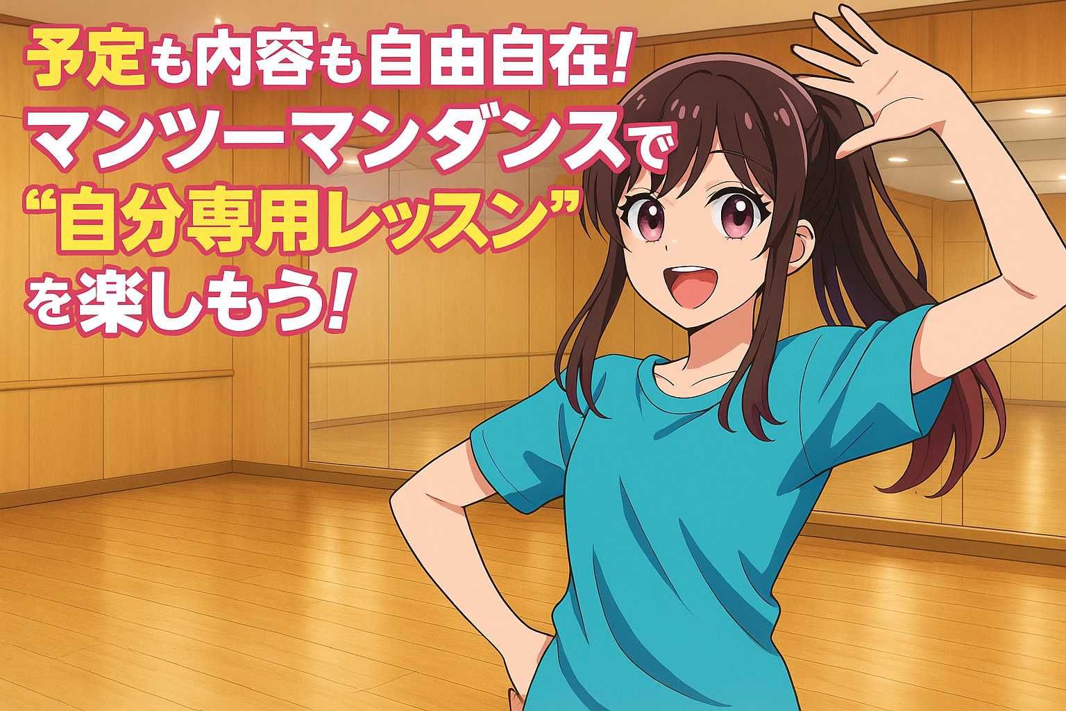 アニメ風の女性キャラクターが明るいダンススタジオで笑顔を見せる。上部には「予定も内容も自由自在!マンツーマンダンスで“自分専用レッスン”を楽しもう!」の文字。