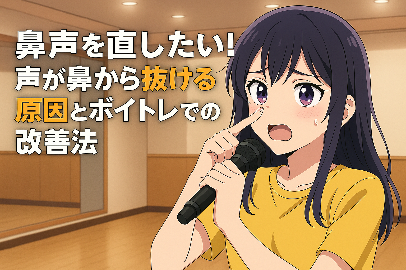 アニメ風の女性キャラクターがマイクを持って鼻声の発声を意識しながら練習している。上部に「鼻声を直したい！声が鼻から抜ける原因とボイトレでの改善法」の文字。