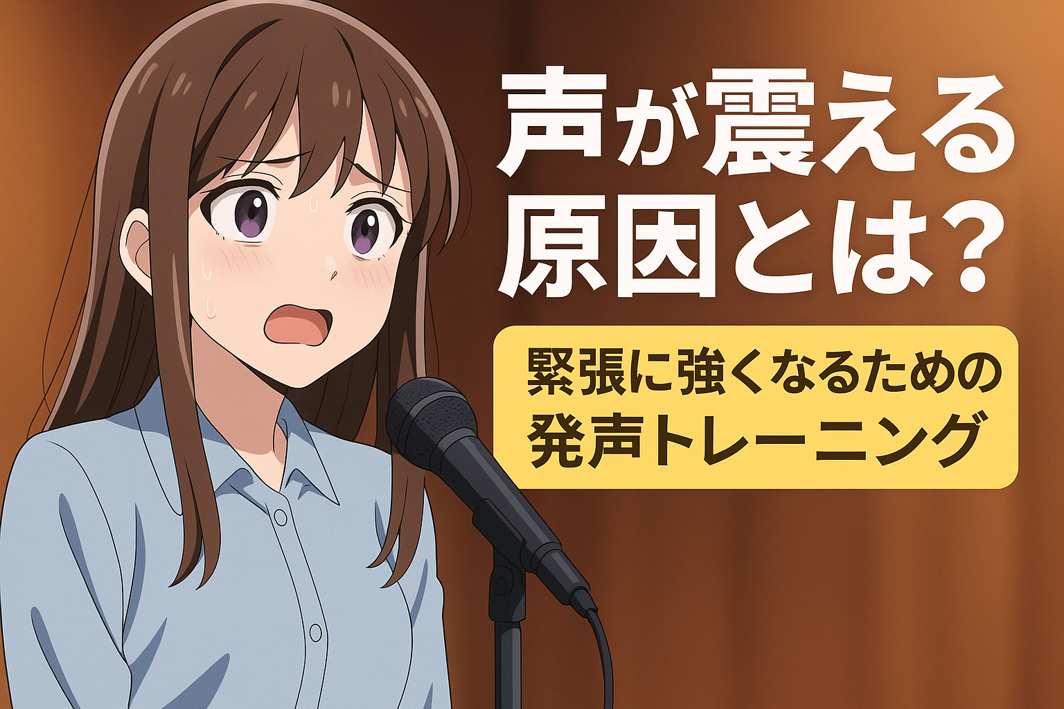 人前で緊張して歌う女性のアニメ風イラスト