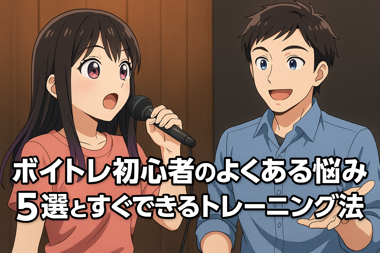 アニメ風の女性生徒がマイクで発声練習をし、講師が笑顔で指導している横長構図のイラスト。上部に「ボイトレ初心者のよくある悩み５選とすぐできるトレーニング法」の文字。