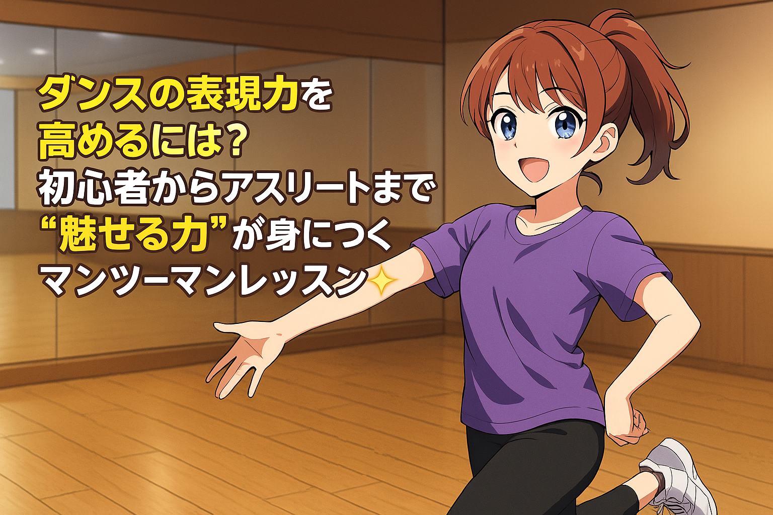 アニメ風の女性キャラクターがダンススタジオで笑顔でポーズをとる。上部に「ダンスの表現力を高めるには？初心者からアスリートまで“魅せる力”が身につくマンツーマンレッスン」の文字。