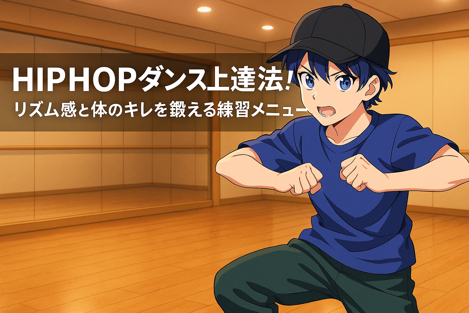 男性ダンサーが木目調のスタジオでHIPHOPダンスを練習している。「HIPHOPダンス上達法！リズム感と体のキレを鍛える練習メニュー」というタイトル入り。