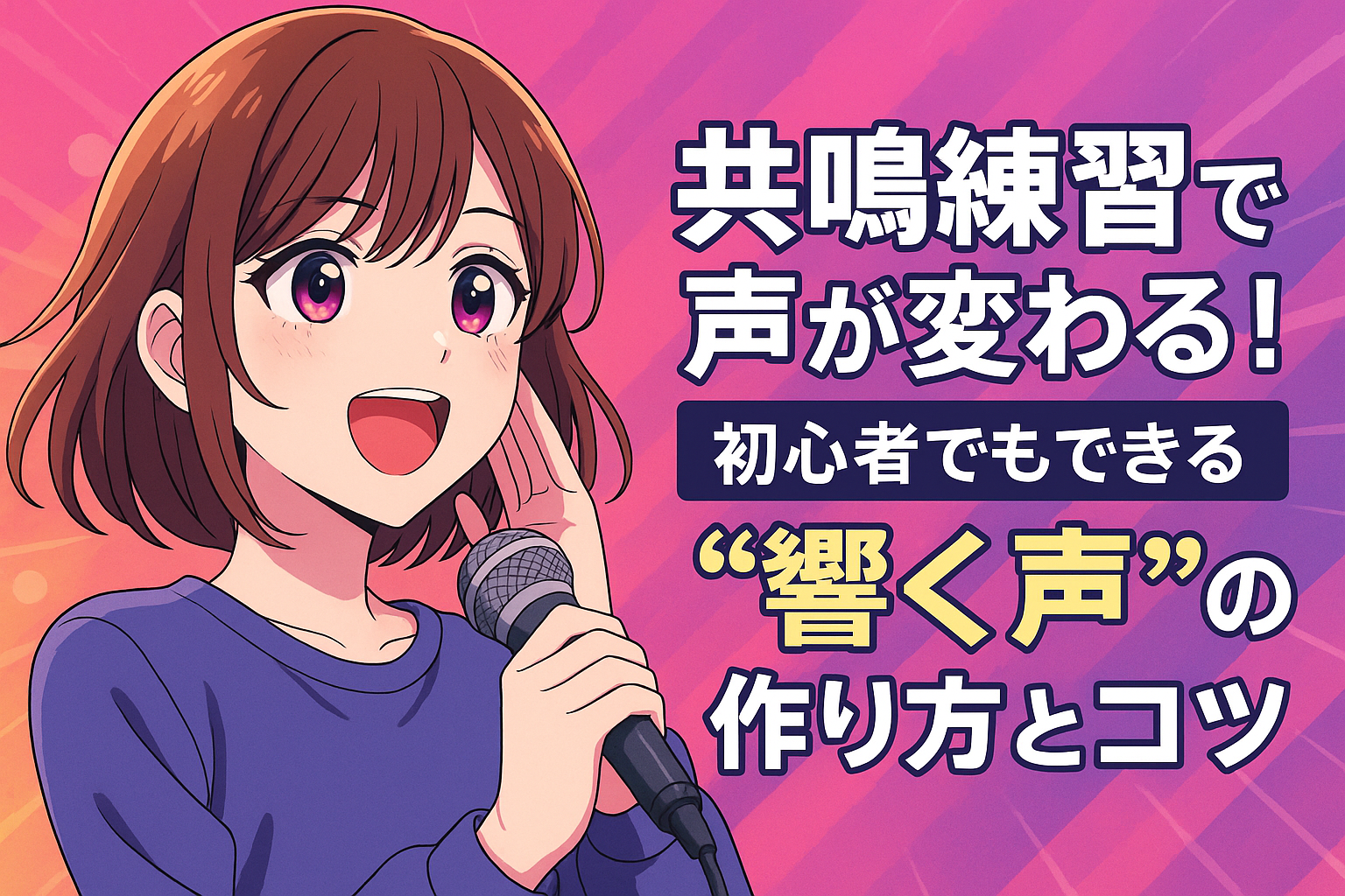 若い女性がマイクを持ち、明るい表情で共鳴練習をしている様子。「共鳴練習で声が変わる！初心者でもできる“響く声”の作り方とコツ」というタイトル入り。