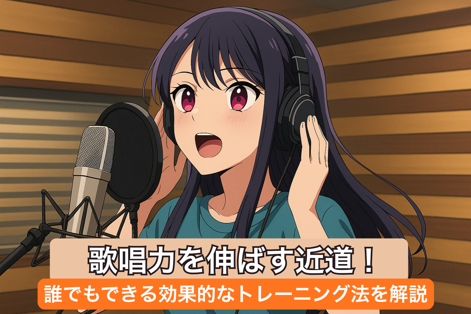 女性ボーカリストがレコーディングスタジオで歌唱練習をしている様子。マイクに向かって歌いながら、イヤホンを片手で押さえている。