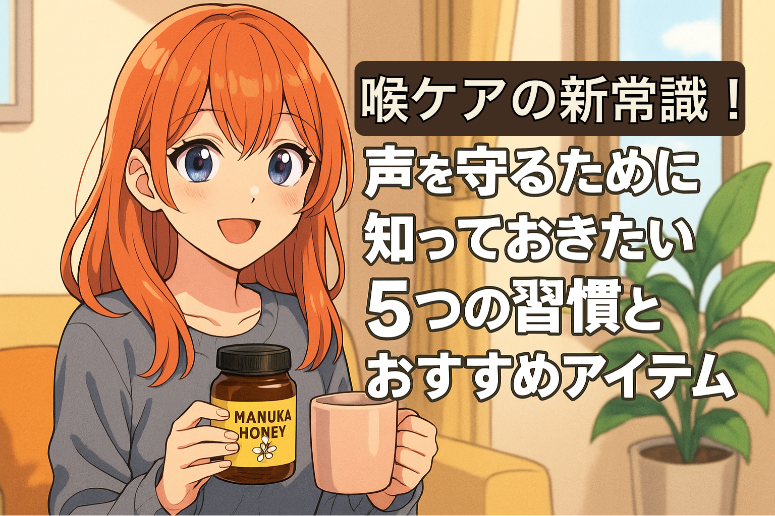 女性が、マヌカハニーの瓶とピンクのカップを手に笑顔で喉ケアをしている様子。明るい部屋の中に観葉植物とカーテンが描かれ、「喉ケアの新常識！声を守るために知っておきたい5つの習慣とおすすめアイテム」というタイトル入り。