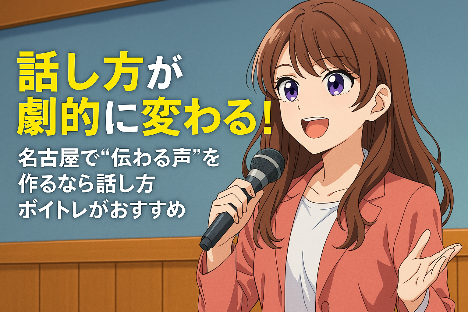 マイクを手に明るく話している女性が描かれたイラスト。背景には室内のパネルがあり、左側に「話し方が劇的に変わる！名古屋で“伝わる声”を作るなら話し方ボイトレがおすすめ」というタイトル文字が大きく配置されている。