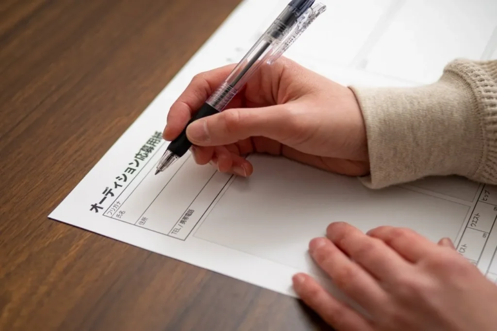 オーディションの応募用紙に内容を書き始める様子