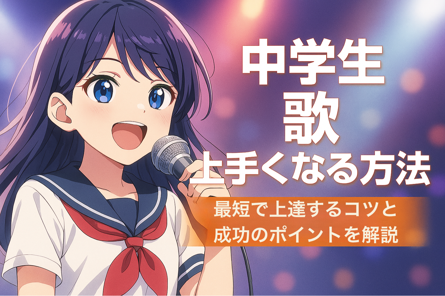 中学生が歌を上手くなるための方法を紹介するブログ記事のアイキャッチ画像。ステージで歌う女子中学生と「中学生 歌 上手くなる方法」というタイトルテキストが配置されている。