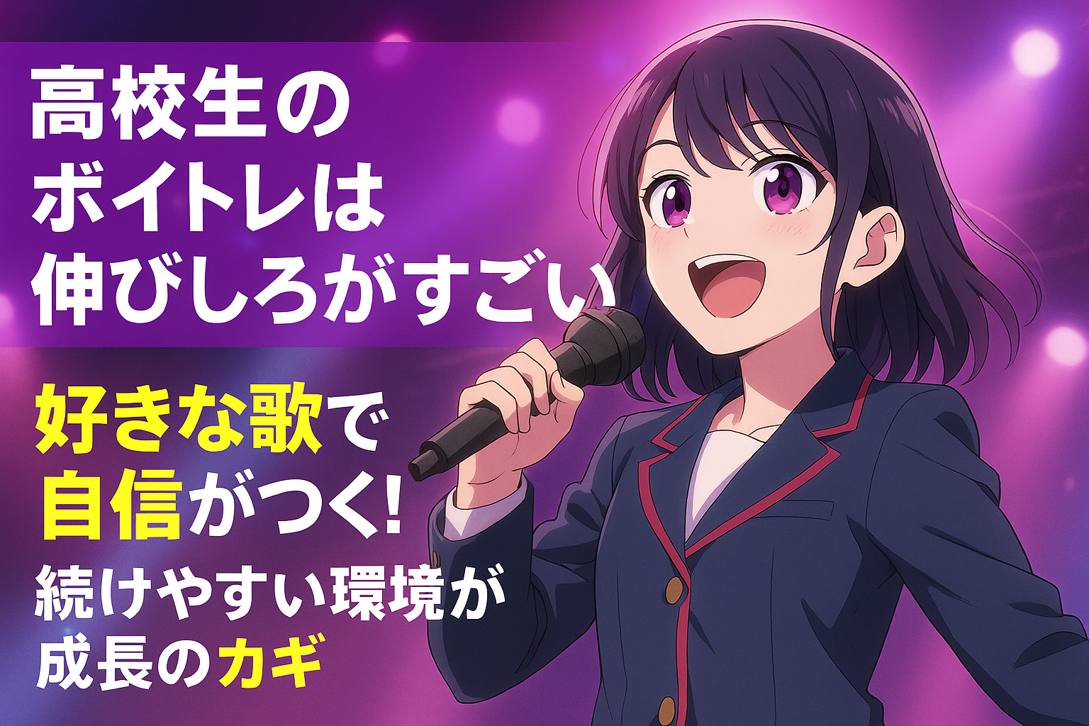 高校生のボイトレ記事用アイキャッチ画像。ステージで歌う女子高校生のキャラクターがマイクを持ち、紫やピンクのライトが輝く中、「高校生のボイトレは伸びしろがすごい」「好きな歌で自信がつく！続けやすい環境が成長のカギ」というタイトルテキストが配置されている。