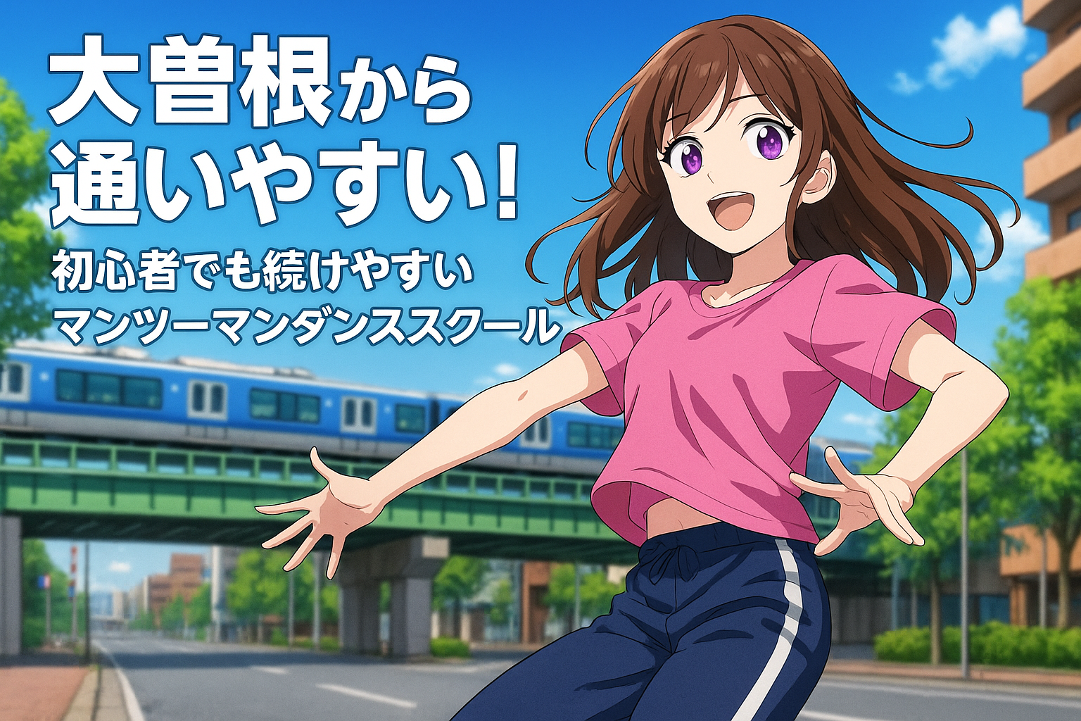 明るい日差しの街並みを背景に、女性キャラクターがダンスポーズを決めているイラスト。後ろには高架を走る電車が見え、「大曽根から通いやすい！初心者でも続けやすいマンツーマンダンススクール」というタイトルが大きく配置されている。