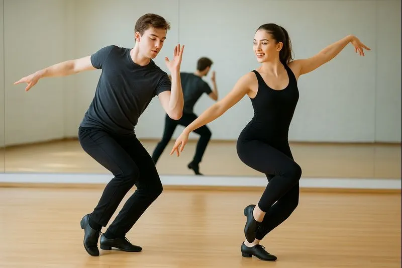 鏡のあるスタジオでジャズダンスを踊る男女