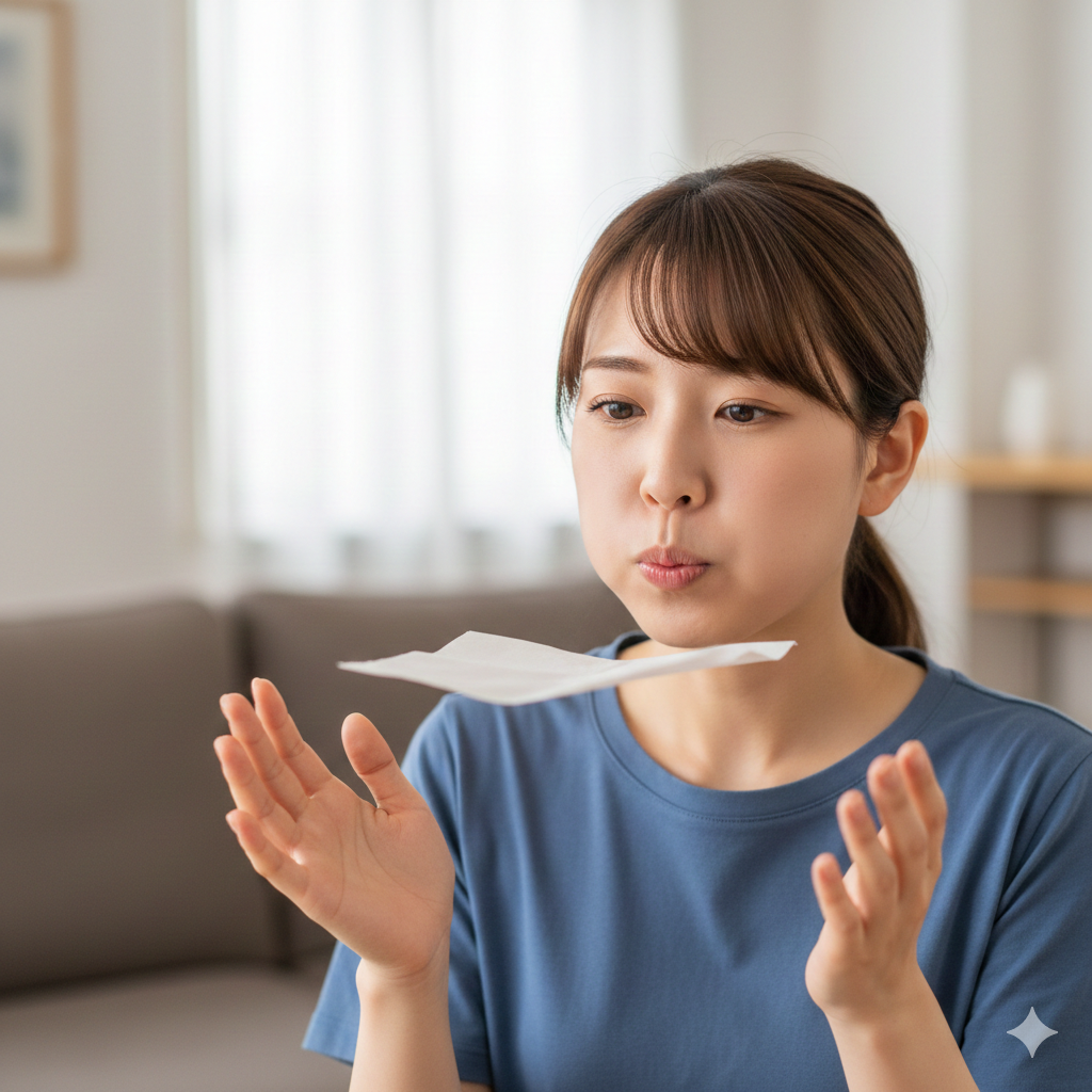 【NAYUTAS鹿児島中央校】 吐く息の持続チャレンジ（紙切れを浮かせ続ける）