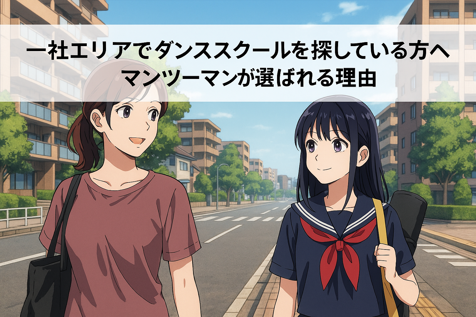 一社エリアの住宅街を背景に、社会人女性と高校生が笑顔で歩きながらダンスレッスンに向かう様子を描いたヘッダー画像。タイトルが読みやすく配置されている。