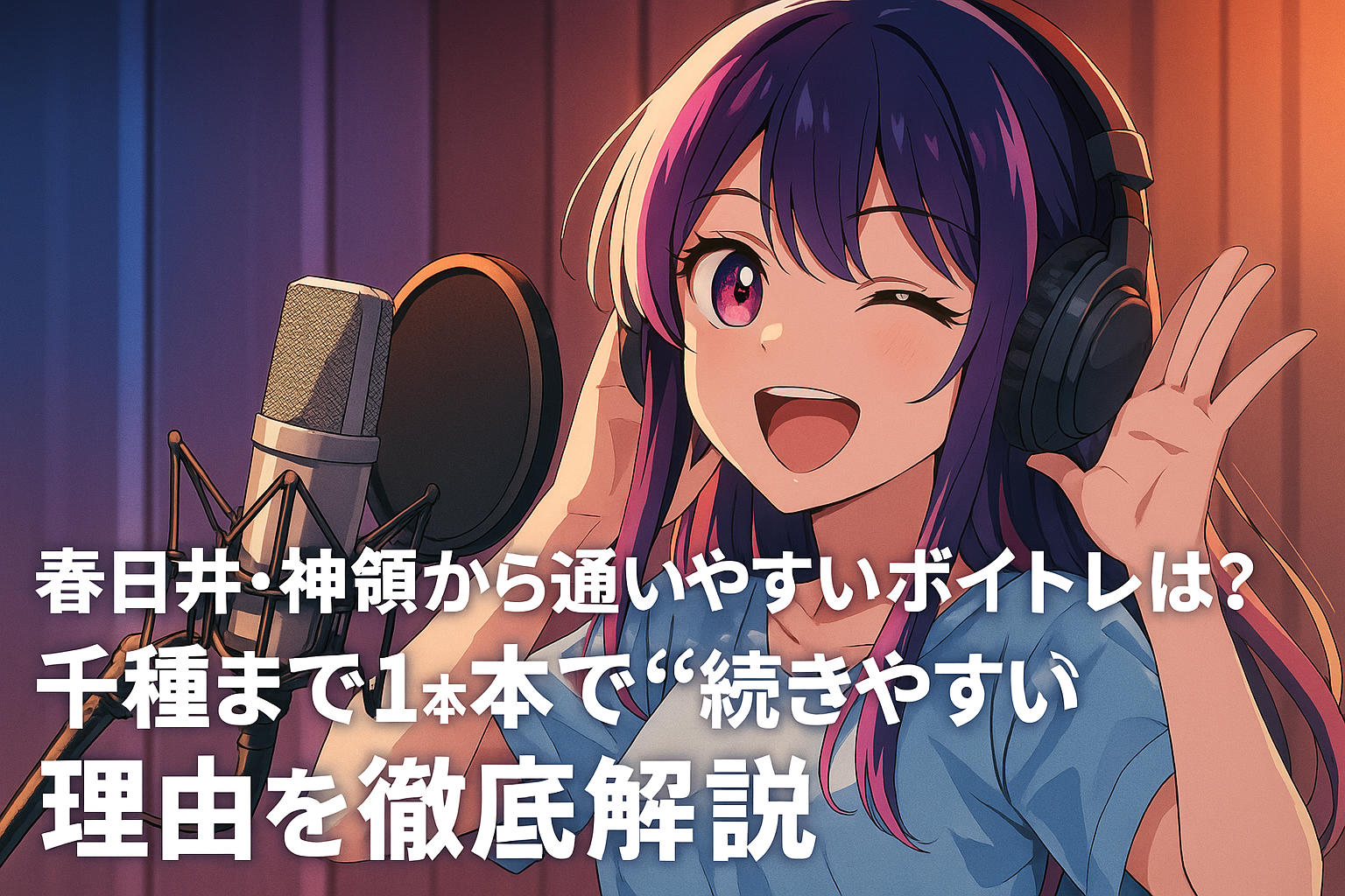 春日井・神領から通いやすいボイトレ教室の紹介として、録音ブースで明るく歌う女性が描かれたカラフルなイラスト。大きなマイクとヘッドホンをつけ、楽しそうに歌う姿が印象的な横長のビジュアル。