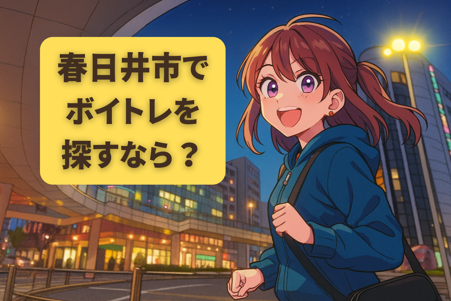春日井市の駅前を背景に、ボーカルレッスンに通う女性が明るい表情で歩いているイラスト。夕方の街並みと駅前の建物が描かれ、手に音楽ノートを持っている。