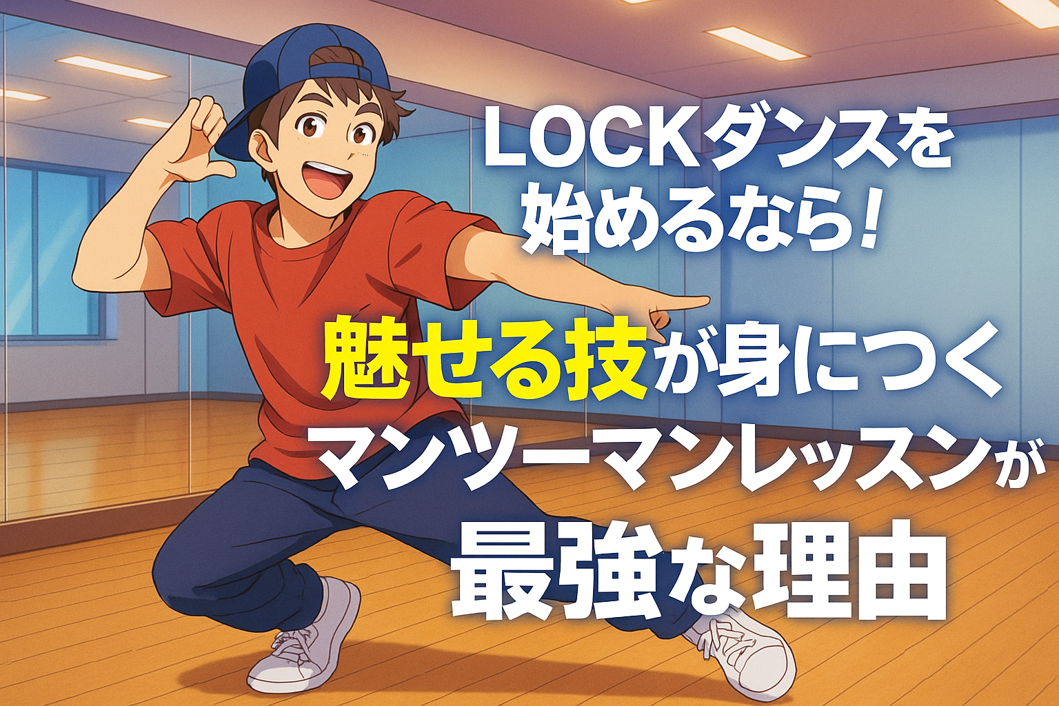ダンススタジオで男性が笑顔でLOCKダンスのポーズを決めている様子。明るい表情と動きのある姿が印象的で、タイトル文字が大きく配置されている。