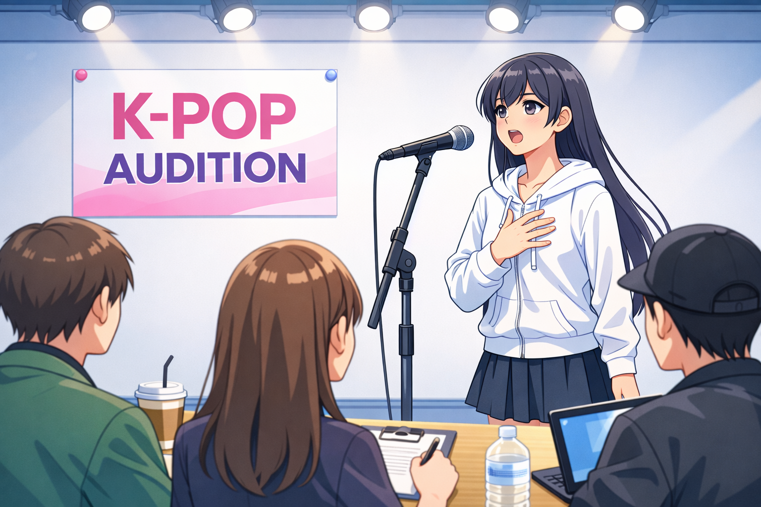 K-POPオーディションの会場で、審査員の前に立ち、マイクを使って歌唱審査を受けている女性の様子を描いたイラスト
