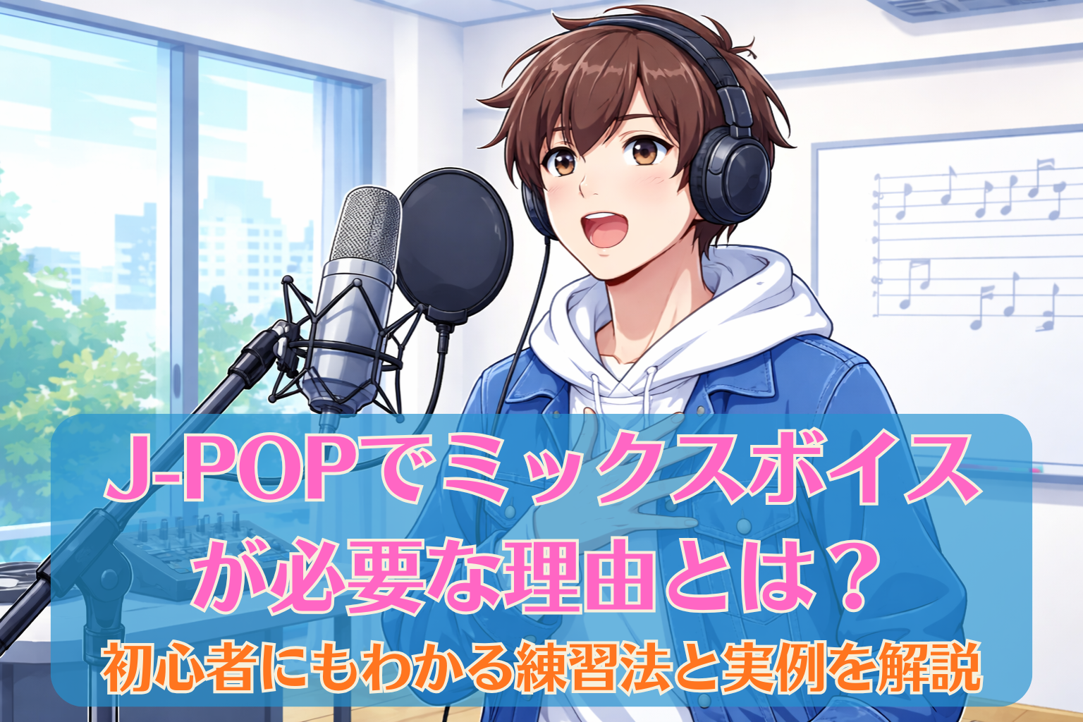 ボイトレスクールのレッスンルームで、ミックスボイスの練習をしている男性がマイクに向かって発声している様子のイラスト