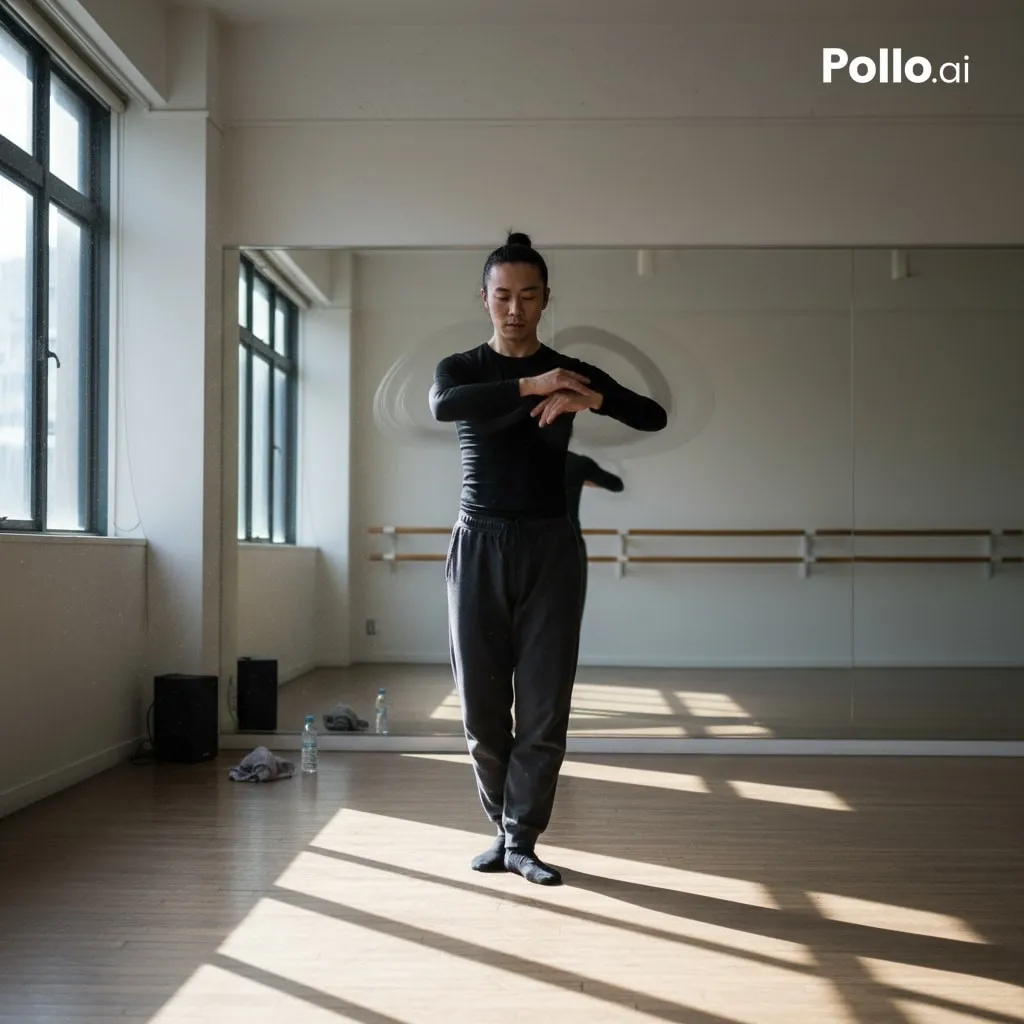 スタジオの鏡の前でアイソレーションを練習する男性ダンサー