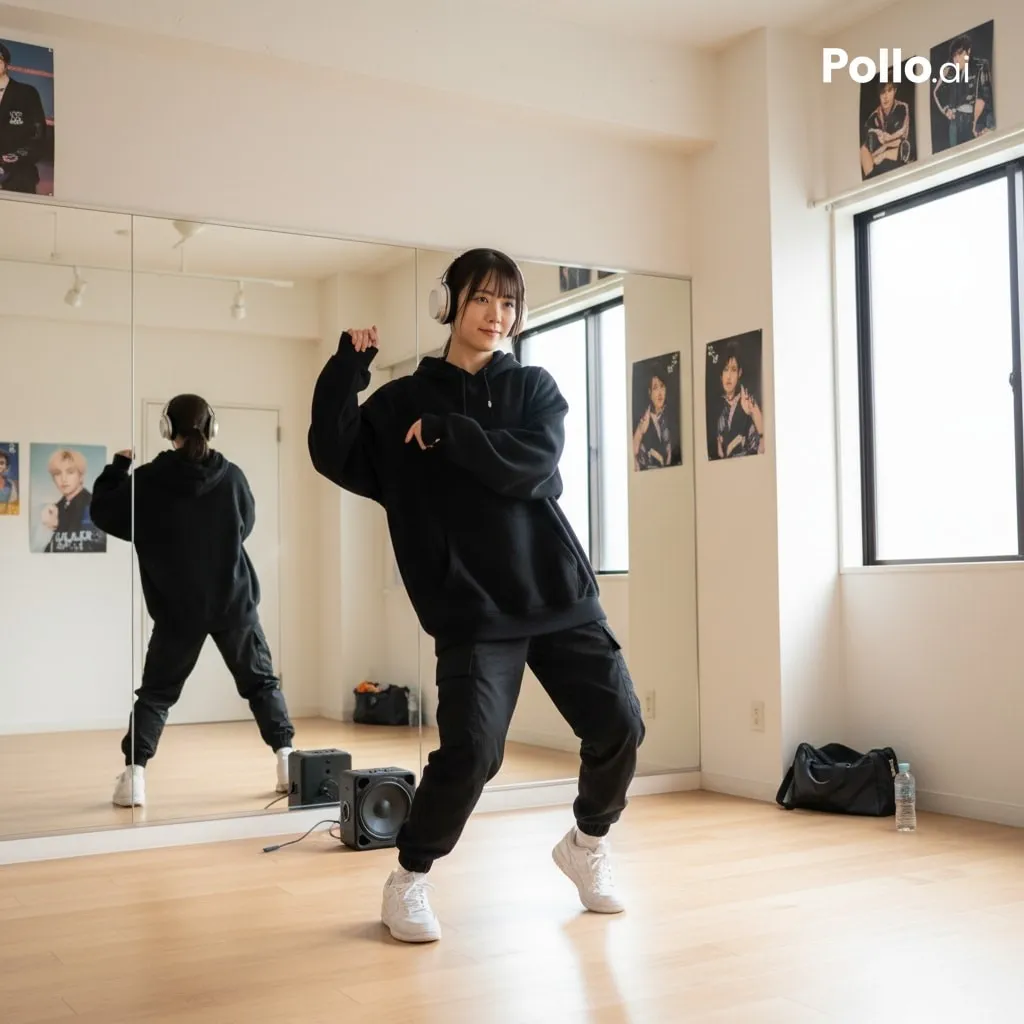 スタジオの鏡の前でリズムトレーニングをする女性ダンサー