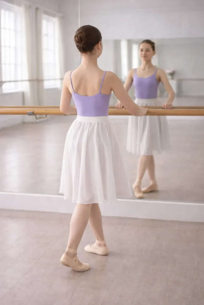 バーにつかまってバレエの足のポジションを練習しようとするバレリーナ