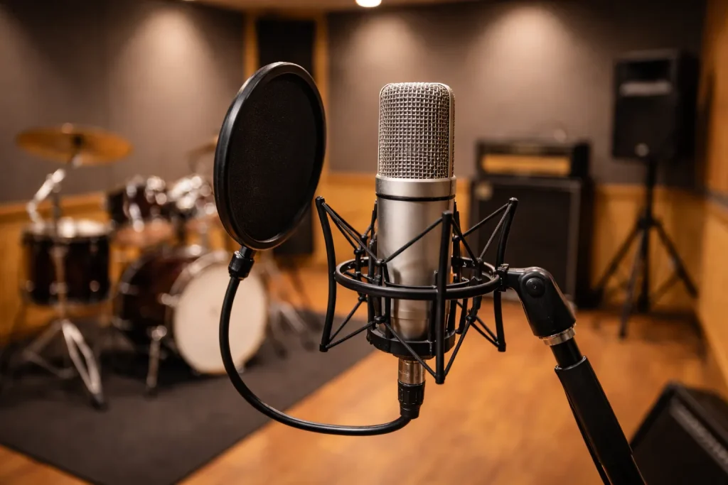 スタジオに設置されたコンデンサーマイク