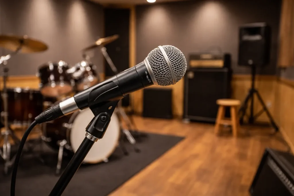 スタジオに設置されたダイナミックマイク