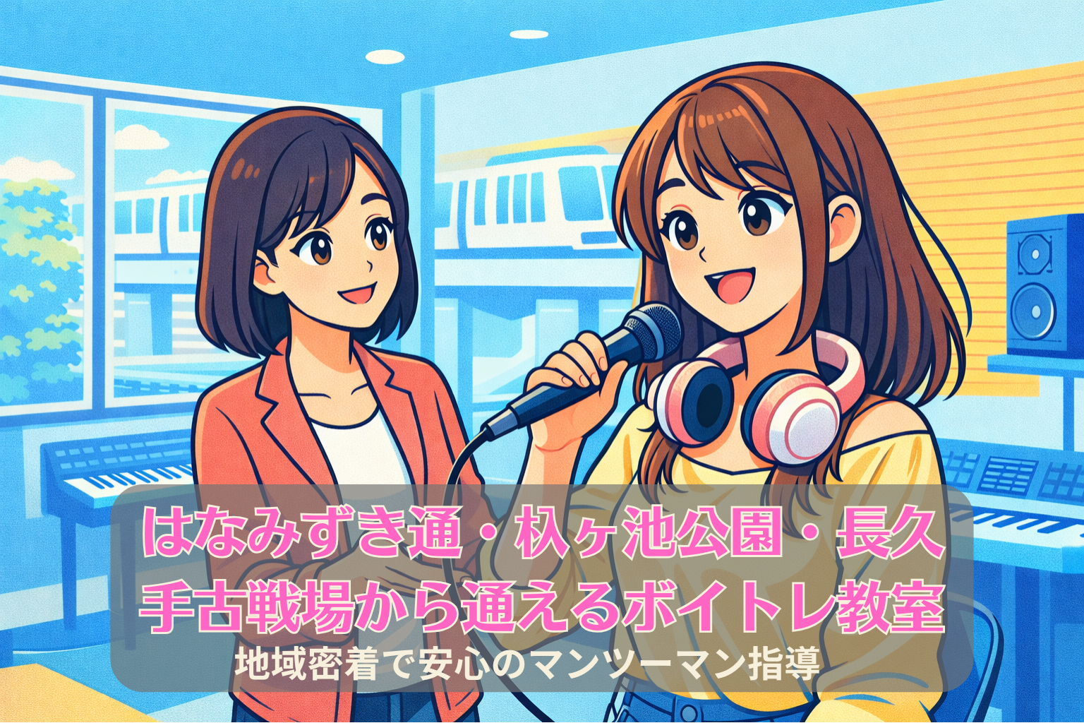 明るいボイストレーニングスタジオで、笑顔の女性がマイクを持って歌い、隣で女性講師がやさしく指導している様子。背景にはリニモをイメージした車両のシルエットが見える。