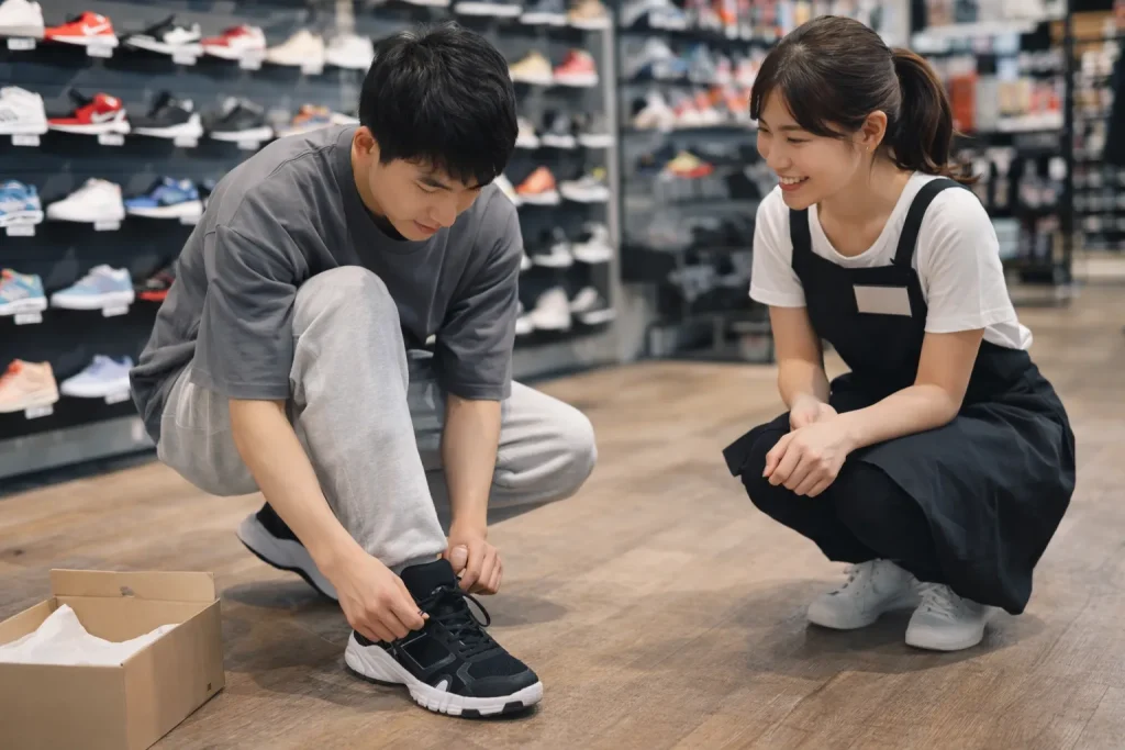 ヒップホップダンスシューズを試着する若い男性とそれを見守る女性店員