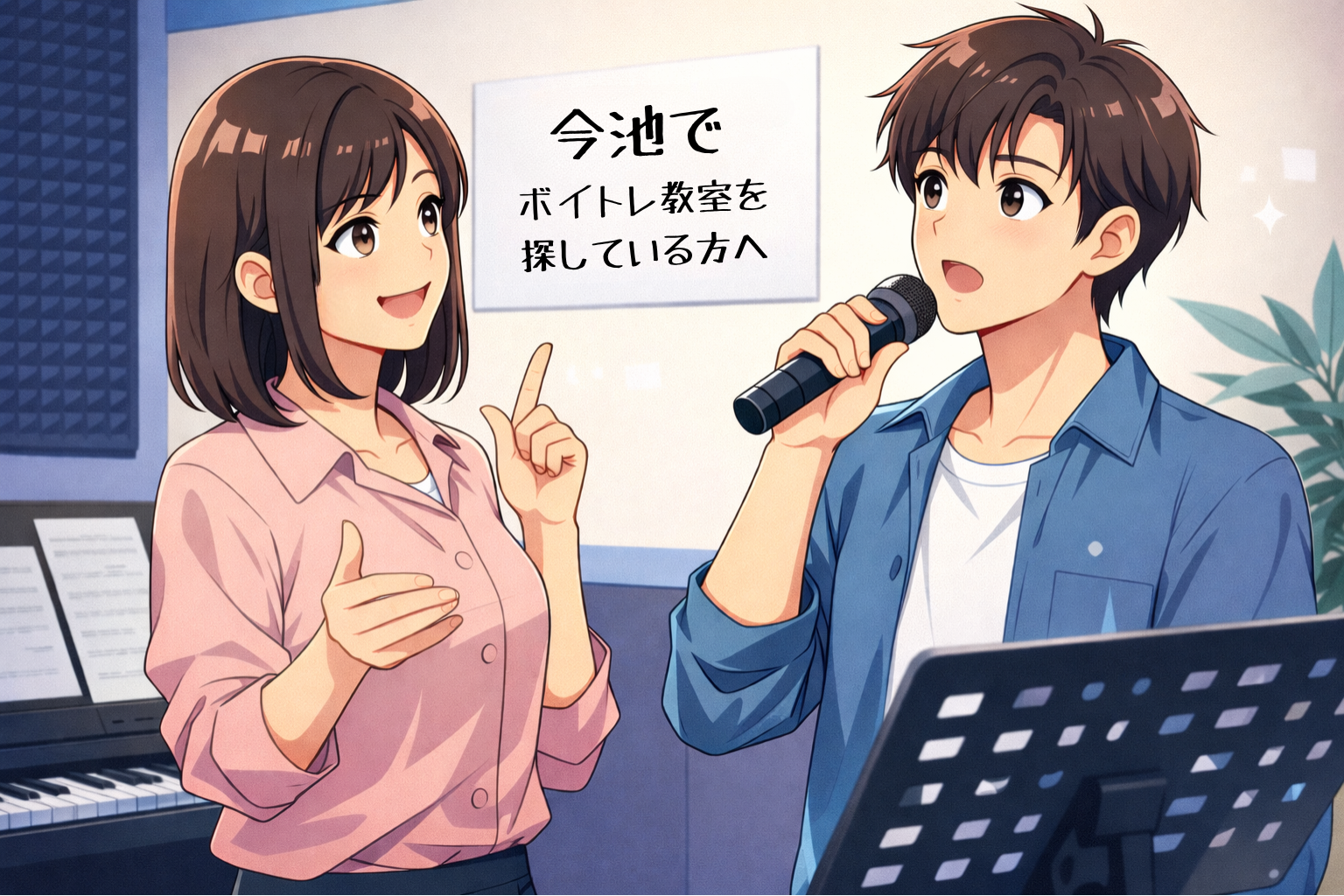 今池・千種エリアのボイトレスクールの教室で、女性講師が男性生徒に発声を指導しているレッスン風景。生徒はマイクを持って歌い、講師が身振りを交えてアドバイスしている。