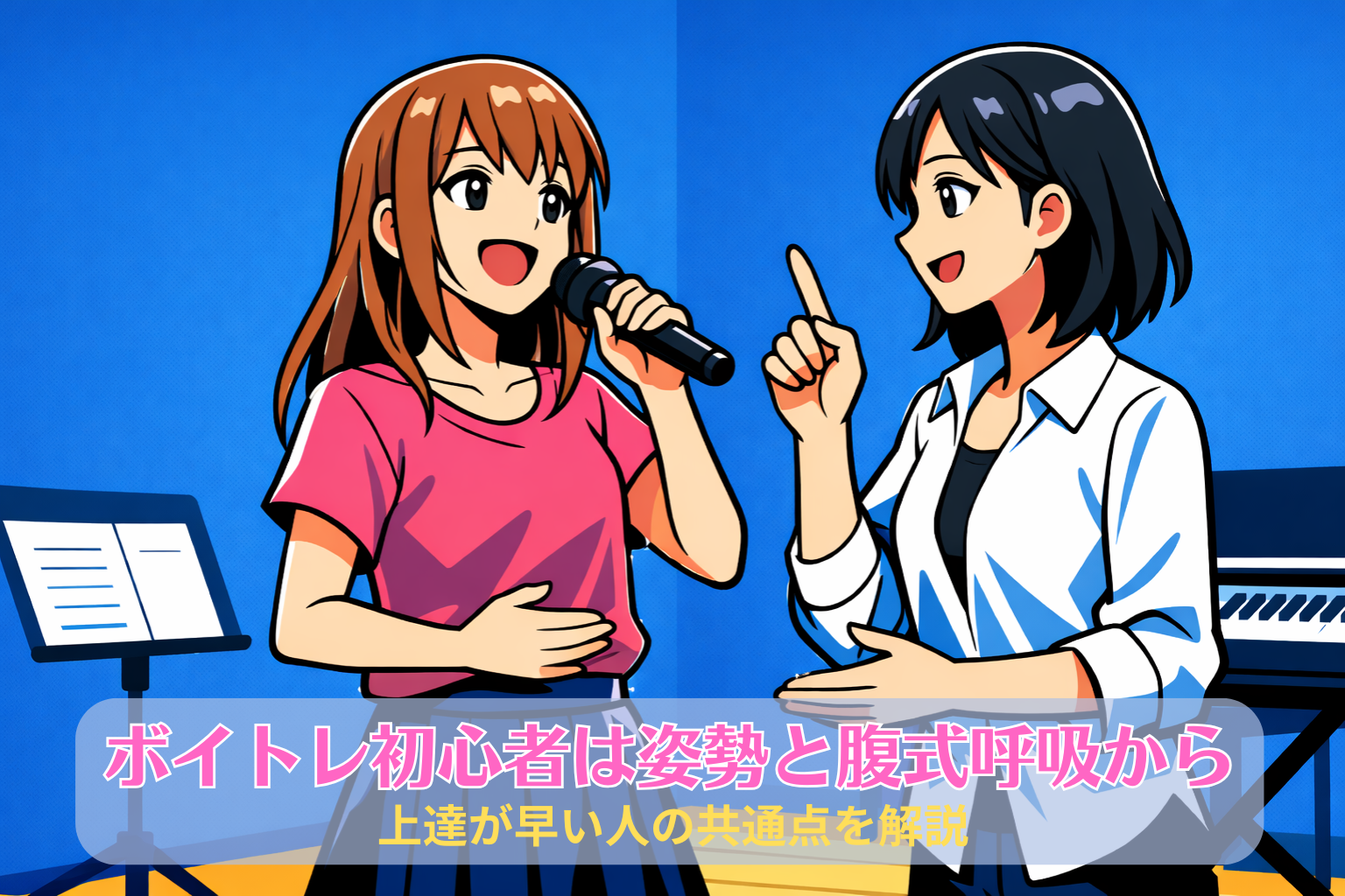 ボイトレ初心者向けレッスンの様子。正しい姿勢と腹式呼吸を意識しながら女性がマイクで歌い、講師が丁寧に指導している。