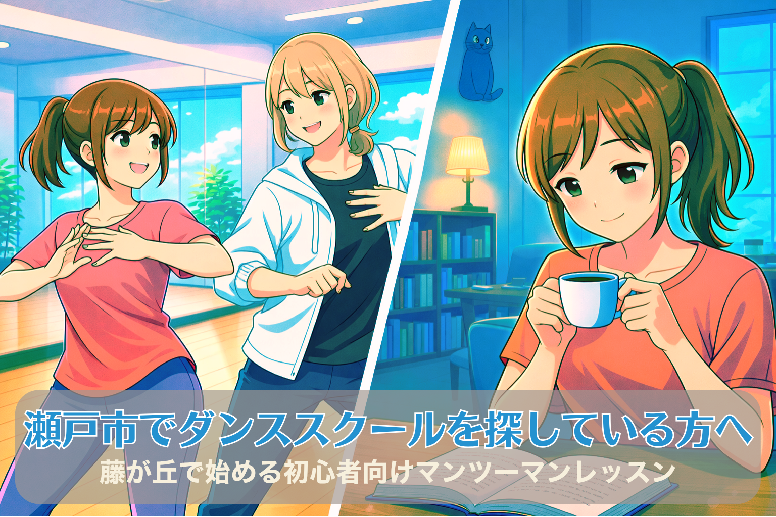 瀬戸市から通いやすい藤が丘のダンススクールで女性同士がマンツーマンレッスンを行い、その後カフェでリラックスしている様子