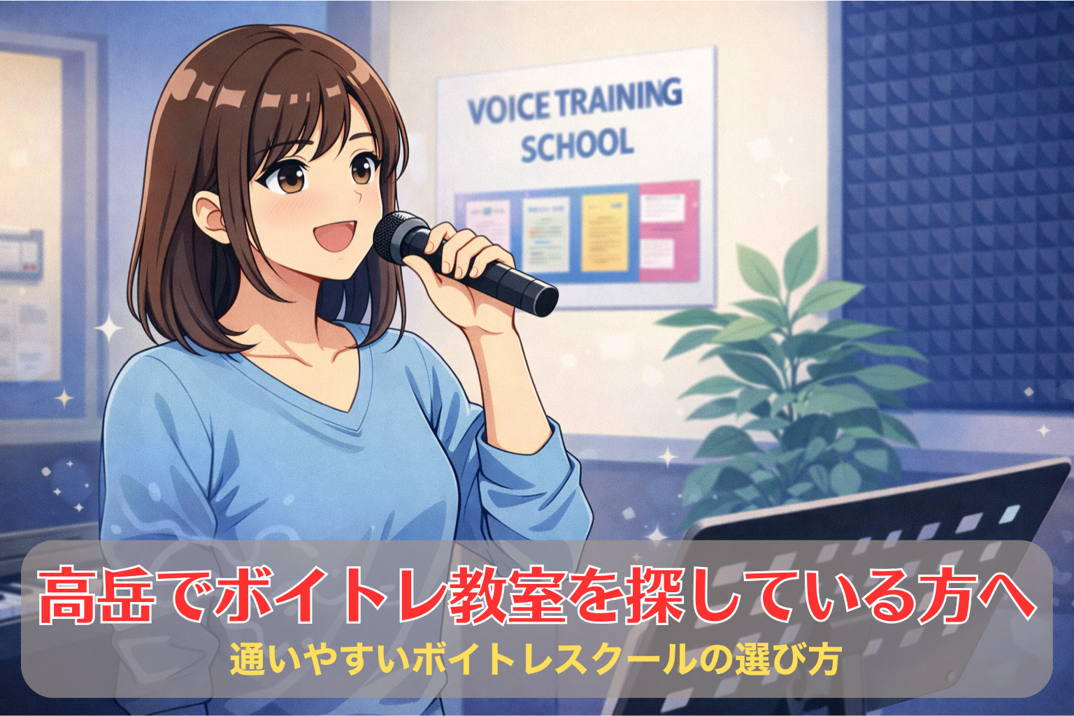 ボイトレスクールの防音室で、30代くらいの女性がマイクを持って発声練習をしているトレーニング風景。譜面台の前で歌いながらボーカルトレーニングを行っている。