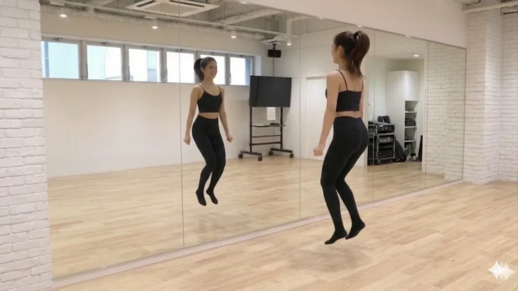 トゥループの練習中にジャンプを加える女性ダンサー