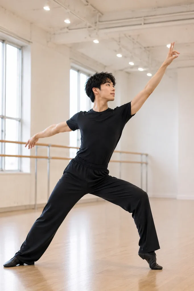男性ダンサーがジャズパンツをはいて動きやすそうにポーズを決める様子